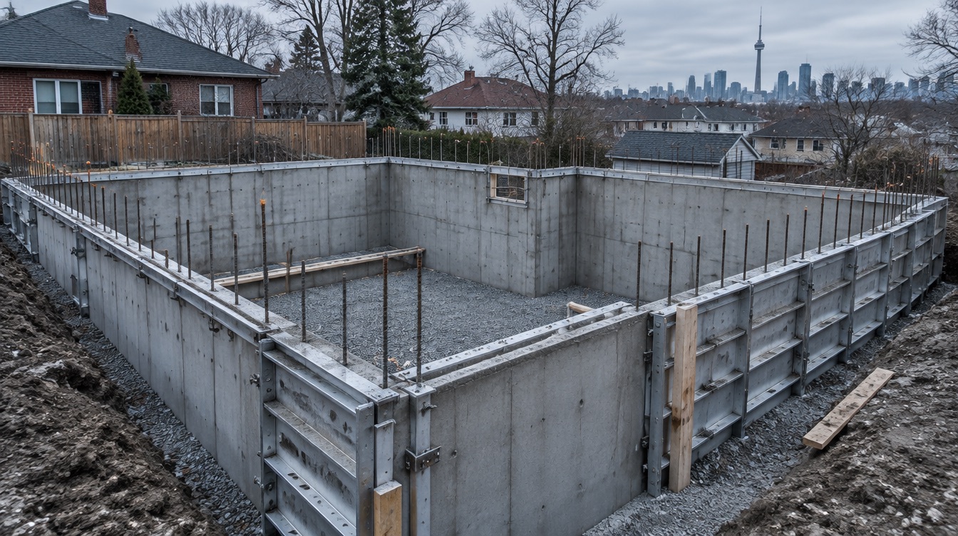 Aluminum foundation wall forms and rebar on a residential site
